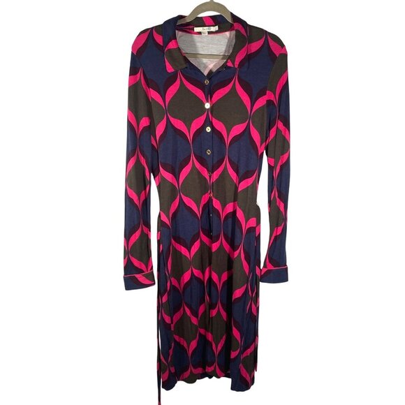 Boden stretch jersey knit Geometric print Button up Long Sleeve Shirt Dress belt - Picture 1 of 10